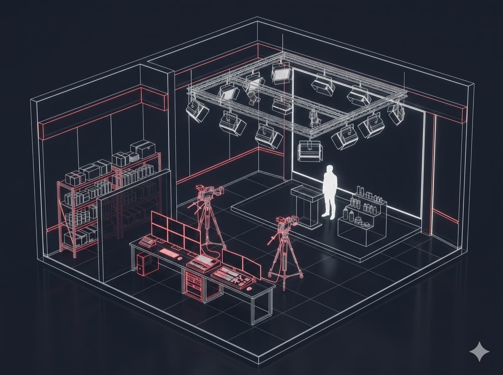 Isometric wireframe blueprint of the production live room — lighting truss, producer station, dual cameras, stage and storage