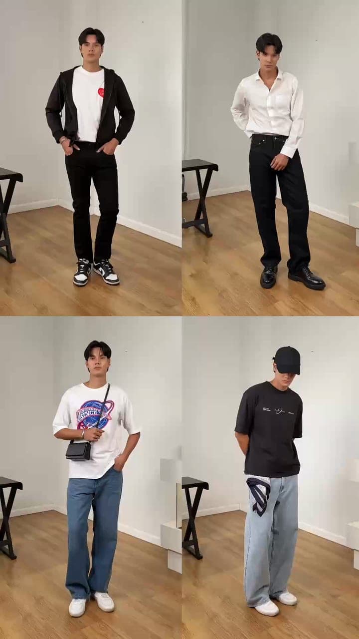Four GQ jeans looks: slim black, straight black, relaxed blue and wide light blue