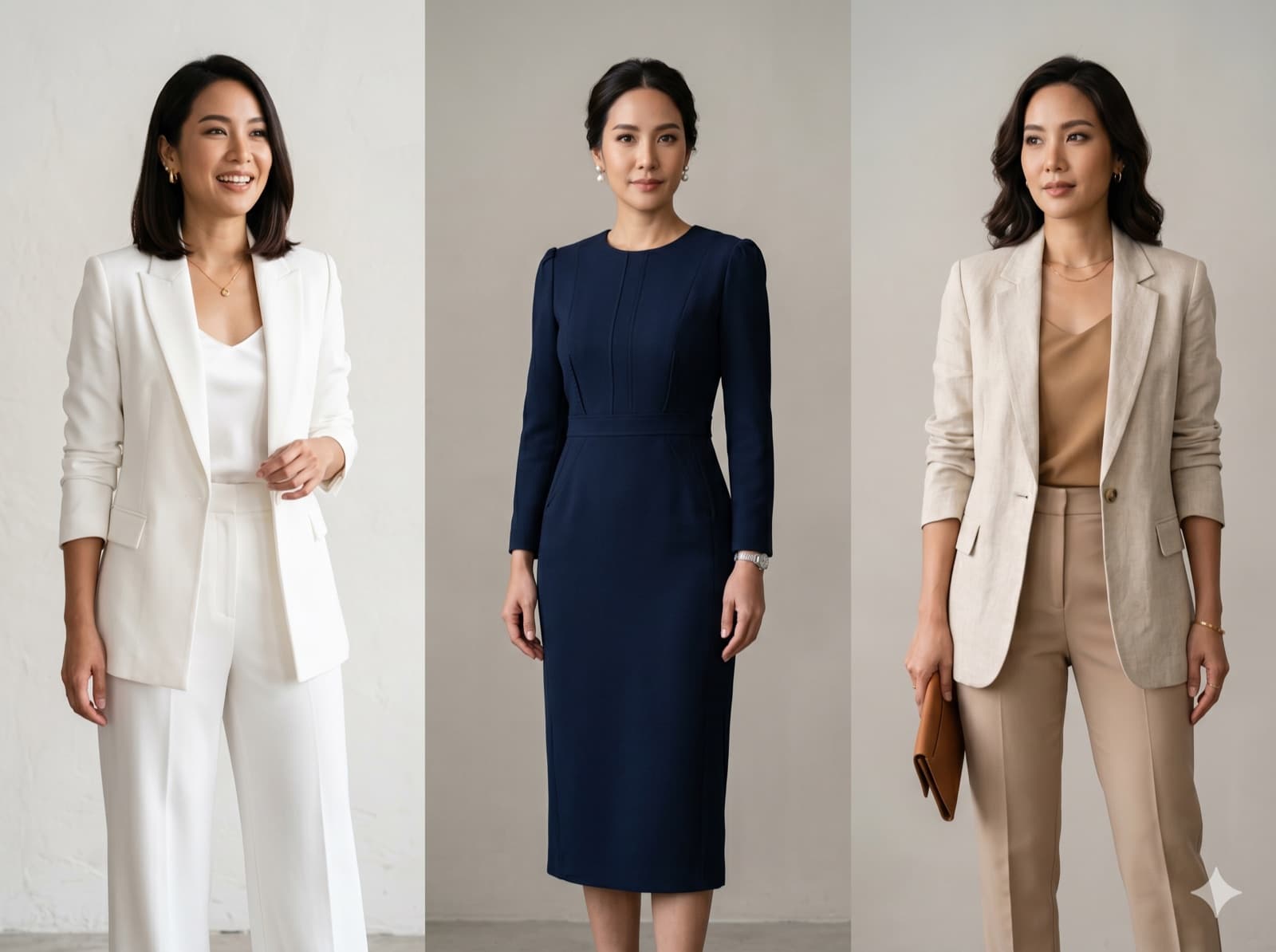 MC styling looks — clean white, formal navy, and minimal beige