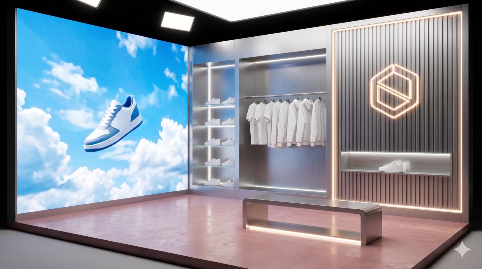 Flagship live room set with LED wall, lit product shelving and feature wall