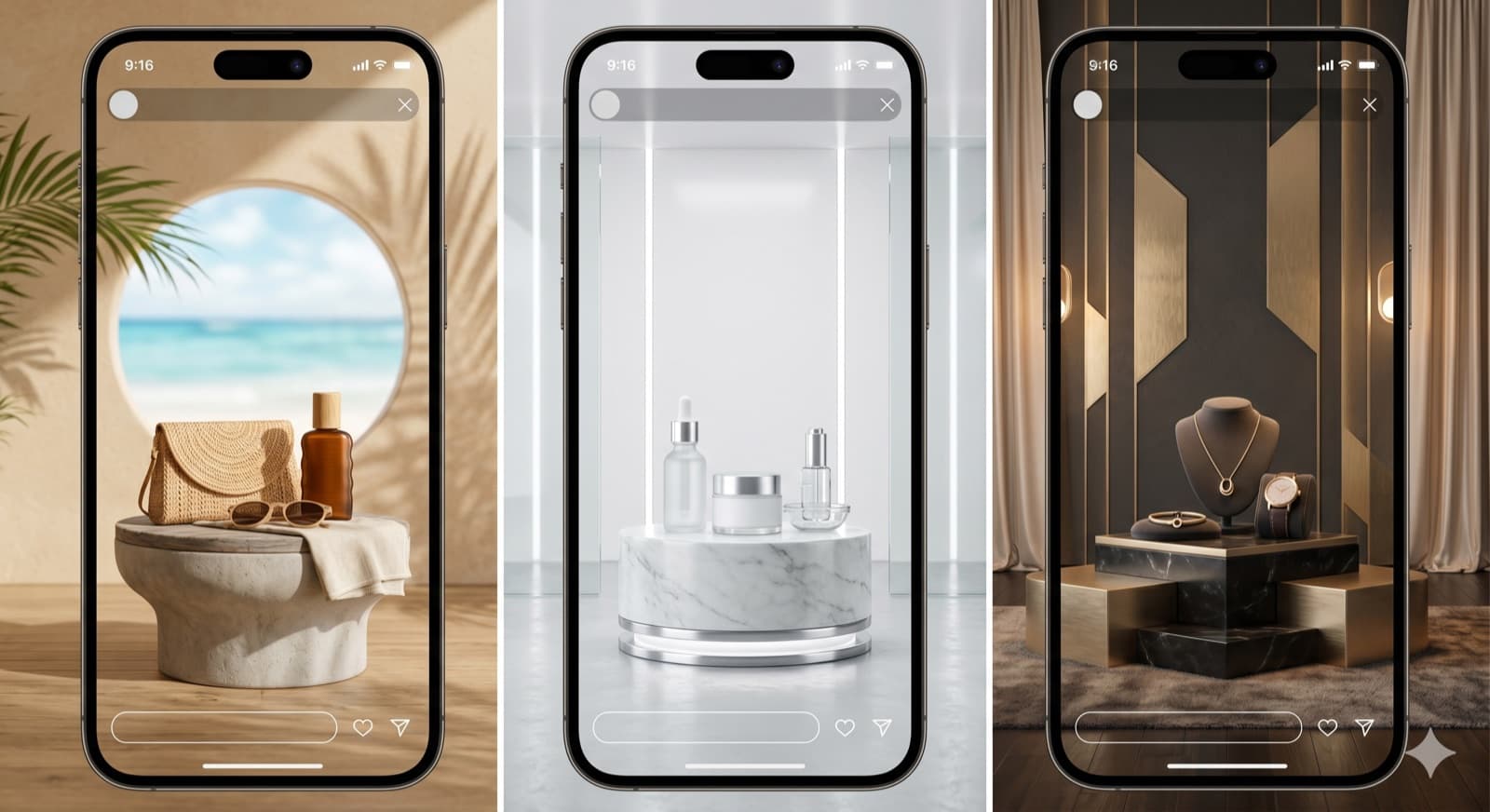 Themed live-stream set concepts — beach, clean lab, and luxe